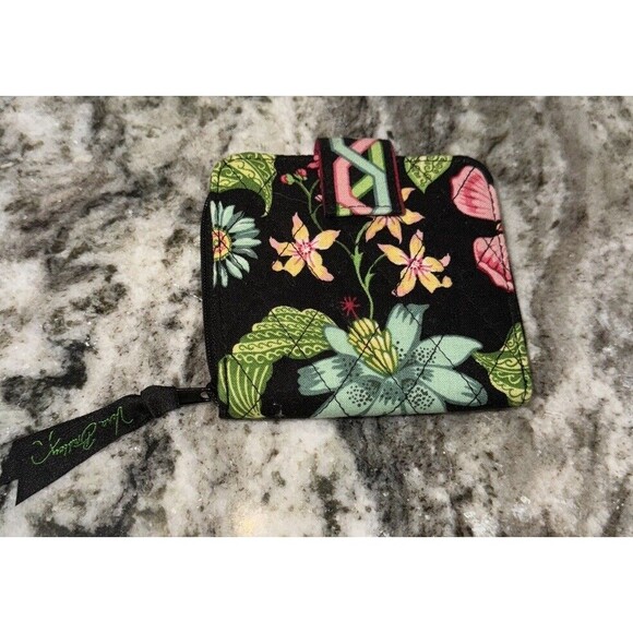 Black Green Pink Flowers VERA BRADLEY Wallet ‎ Zip Around Coin Pocket & Snap Tab - Picture 2 of 6